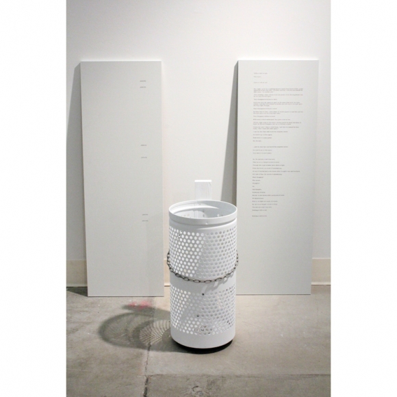 Pissoirée KYLE PATNAUDE Interzone steel trash bin, steel chain, wood, sterling silver