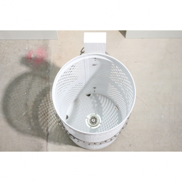 Pissoirée KYLE PATNAUDE Interzone steel trash bin, steel chain, wood, sterling silver