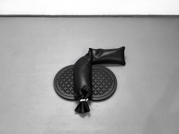 "We Shall All Have to Pay For What We Do." KYLE PATNAUDE De Profundis (From The Depths) wood, ink, vinyl, rope, sand