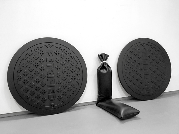 "Like Those Who Go Down to the Pit" KYLE PATNAUDE De Profundis (From The Depths) wood, ink, vinyl, rope, sand