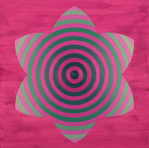 Phthalo Green/Quinacridone Magenta Flower Target flower targets on wood acrylic, pencil, wood