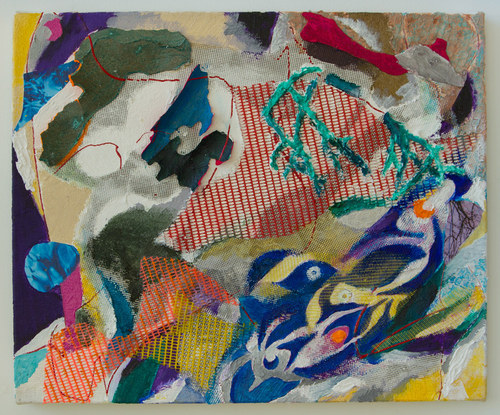 Nest Sky Mixed Media Painting acrylic, canvas, photographs, vinyl mesh, tree bark