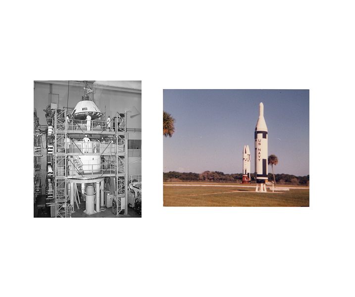 "Rocket Assembly" LAUREN ORCHOWSKI MY TIME AT NASA Diptych of black and white photograph from analog black and white negative and color photograph from analog color negative