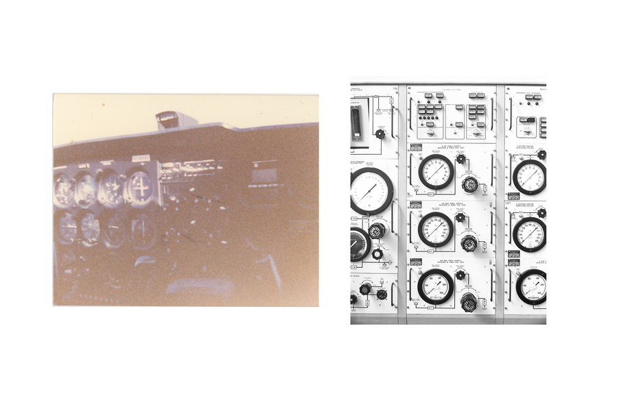 "Gauges" LAUREN ORCHOWSKI MY TIME AT NASA Diptych of color photograph from color analog negative and black and white photograph from black and white analog negative