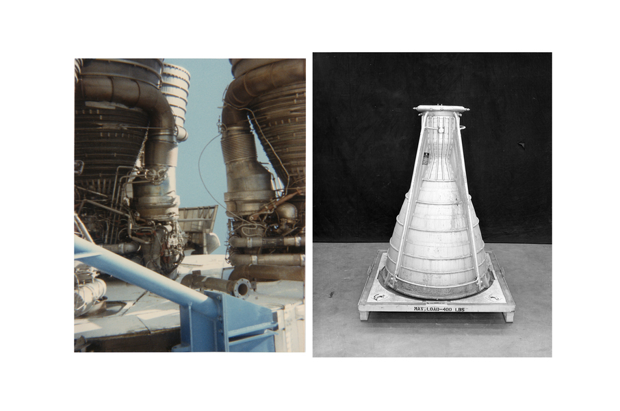 "Boosters" LAUREN ORCHOWSKI MY TIME AT NASA Diptych of color photograph from color analog negative and black and white photograph from black and white analog negative