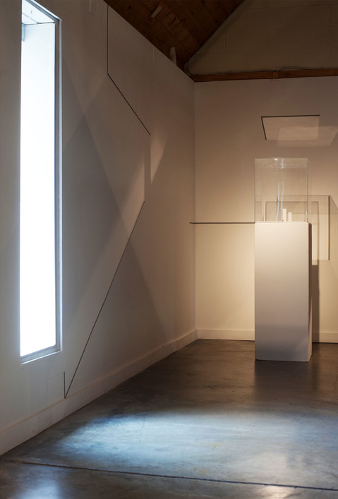 site drawing, size and scale Leah Cooper site drawing _ size & scale materials include: vitrines, graphite, tape, railroad figurines, light, and shadow, and existing site elements