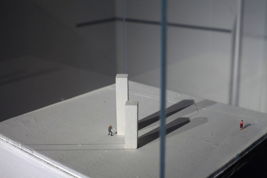 site drawing, size and scale Leah Cooper site drawing _ size & scale materials include: vitrines, graphite, tape, railroad figurines, light, and shadow, and existing site elements