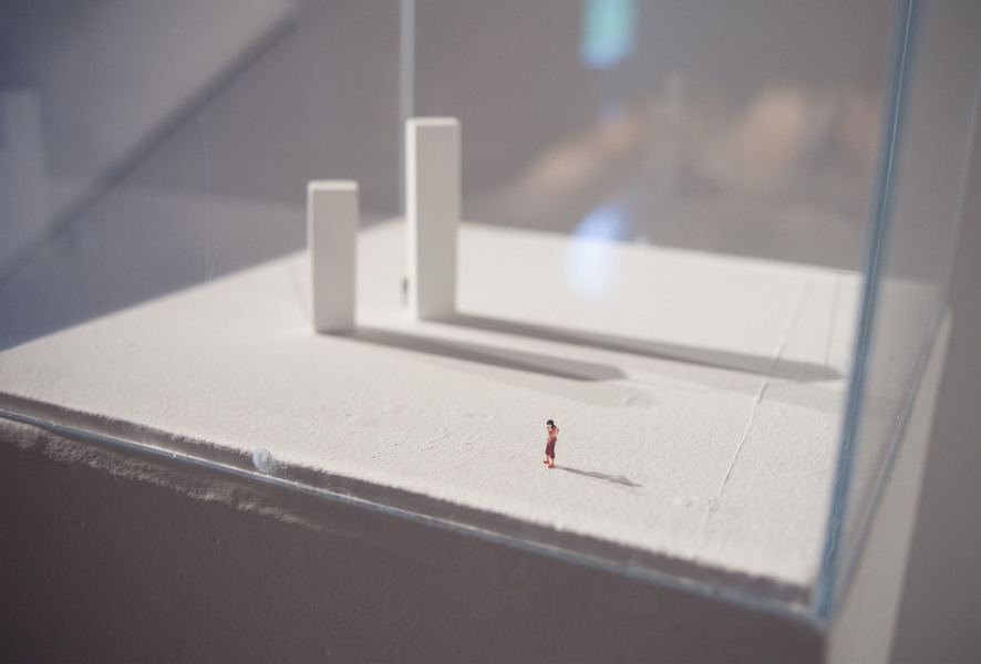 site drawing, size and scale Leah Cooper site drawing _ size & scale materials include: vitrines, graphite, tape, railroad figurines, light, and shadow, and existing site elements
