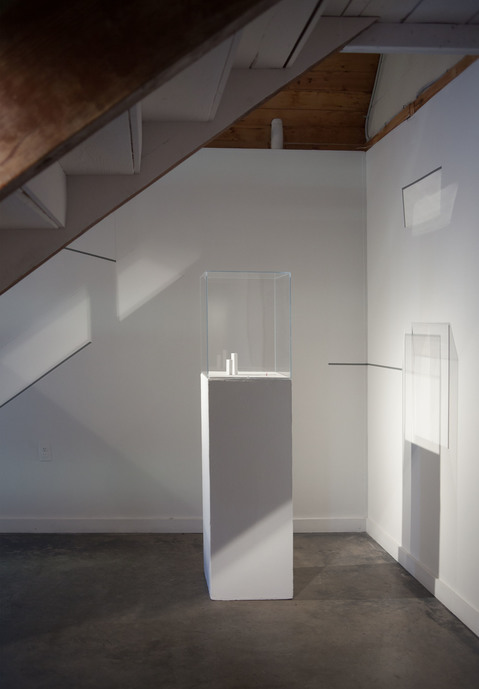site drawing, size and scale Leah Cooper site drawing _ size & scale materials include: vitrines, graphite, tape, railroad figurines, light, and shadow, and existing site elements