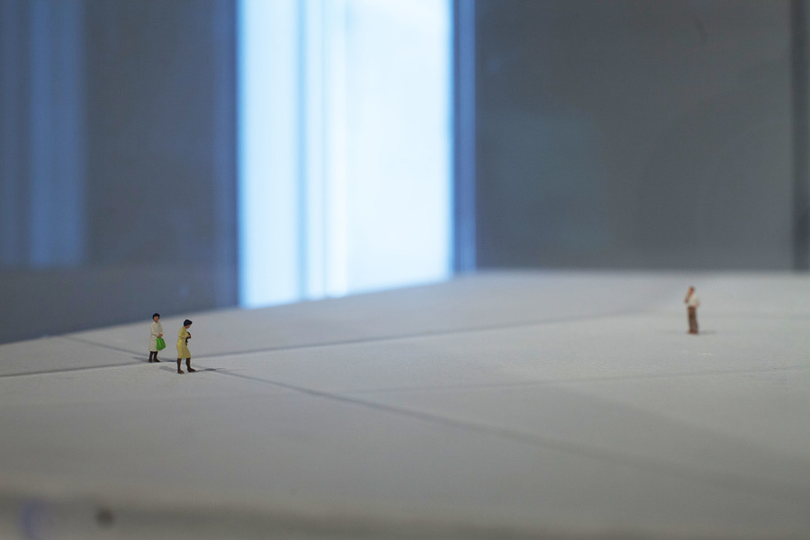 site drawing, size and scale Leah Cooper site drawing _ size & scale materials include: vitrines, graphite, tape, railroad figurines, light, and shadow, and existing site elements