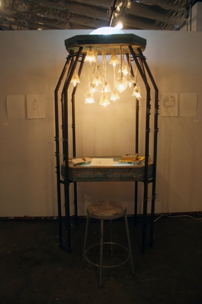 leah floyd Traces of a Cathedral wood, steel, glass, light bulbs, muslin