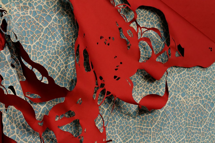 Pare Lee Emma Running Pare Digital print on adhesive vinyl, red satin