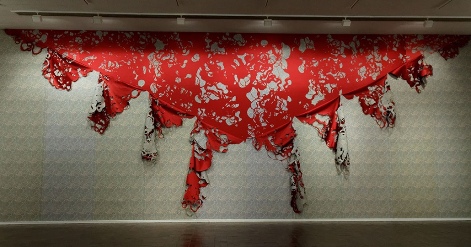 Pare Lee Emma Running Pare Digital print on adhesive vinyl, red satin
