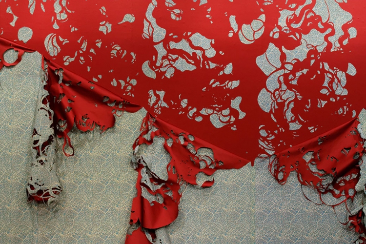 Pare Lee Emma Running Pare Digital print on adhesive vinyl, red satin