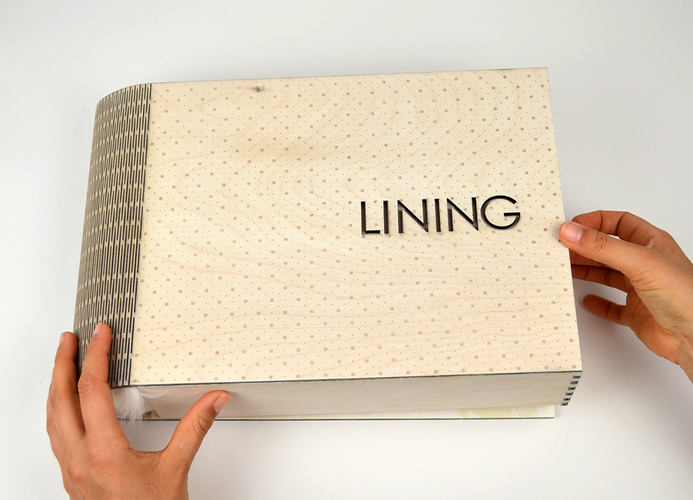 Lining Lee Emma Running Lining Laser engraved birch plywood, rabbit fur, letterpress printing, fabric
