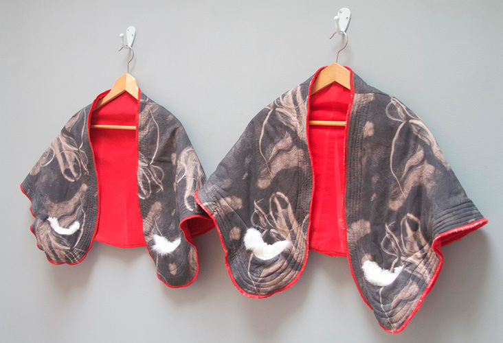 Lining : Sheathing Lee Emma Running Lining : Sheathing Jackets for viewers to wear. Digitaly printed cotton, dyed muslin, rabbit fur pockets