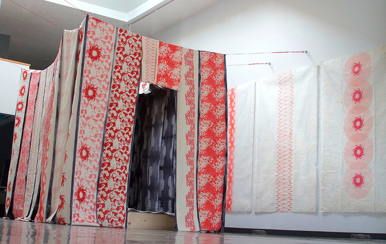 Lining : Sheathing Lee Emma Running Lining : Sheathing Screen printed canvas, hand dyed silk, 60 X 80-inch woodblock prints on handmade paper, hand embroidered felt, digitally printed fabric, rabbit fur