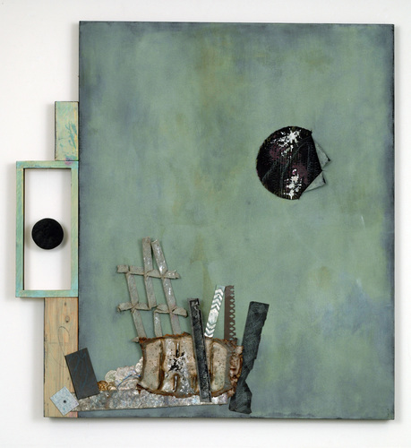 Leslie Shaw Zadoian Constructed Space Acrylic, oil pastel, pencil, plastic, metal and wood on canvas