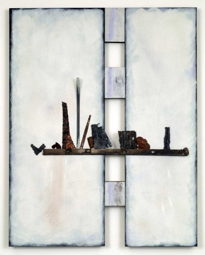 Leslie Shaw Zadoian Constructed Space Acrylic, pastel, pencil, metal and wood on canvas