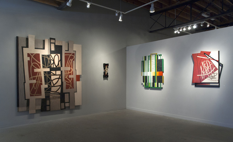 Double Take NE wall@Exhibit 208 Double Take Installation 2018 Left to Right: Abstract Rhythms, Lines of Direction (sculpture), Bandwidth, Encompass