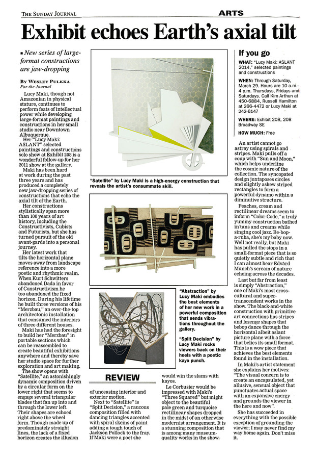 Wesley Pulkka, "Exhibit Echoes Earth's Axial Tilt," Albuquerque journal, March 23, 2014 LUCY MAKI Articles and Reviews