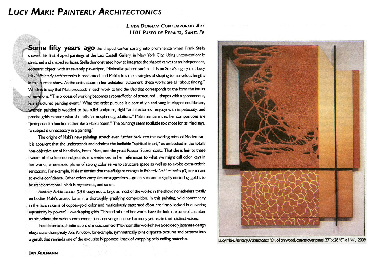 Jan Adlmann, "Lucy Maki: Painterly Architectonics," THE Magazine, July 2009, p.50 LUCY MAKI Articles and Reviews