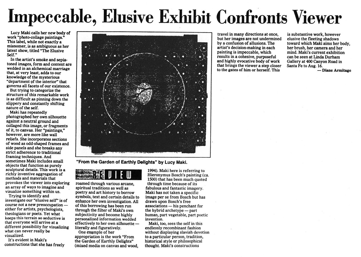 Diane Armitage, "Impeccable, Elusive Exhibit Confronts Viewer," LUCY MAKI Articles and Reviews