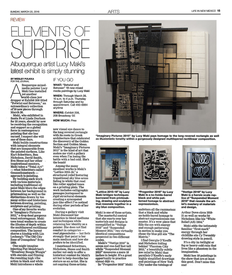 Wesley Pulkka, "Elements of Surprise," Albuquerque Journal, March 19, 2016 LUCY MAKI Articles and Reviews