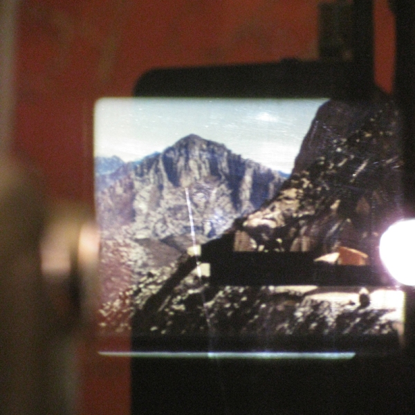 Sundial/Substrate/Scene (Detail) Marc Handelman Geological Sketches at Home and Abroad Glass, oil paint, 16mm projector with looper, color 16mm film (2 min), pedestal and hardware