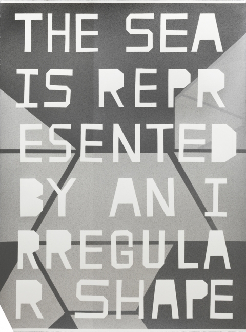 GIRBTS - THE SEA IS REPRESENTED BY AN IRREGULAR SHAPE mark booth TEXTS silver acrylic on watercolor paper