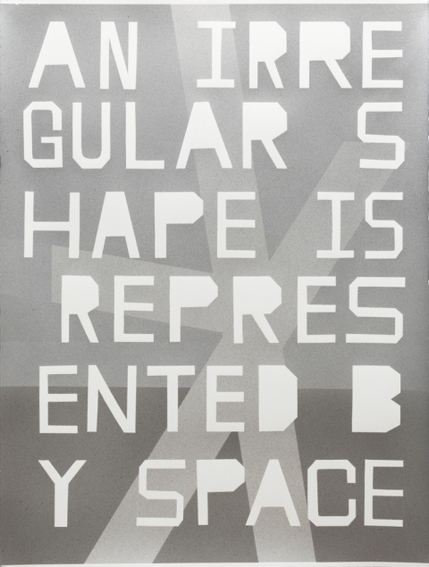 GIRBTS - AN IRREGULAR SHAPE IS REPRESENTED BY SPACE mark booth TEXTS silver acrylic on watercolor paper