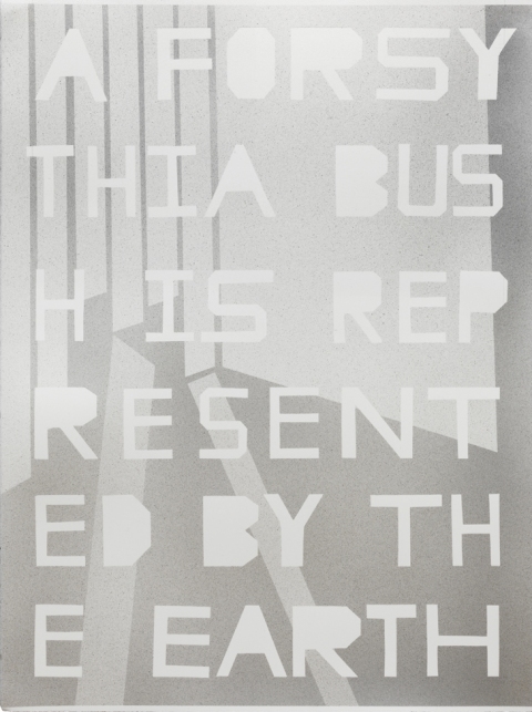 GIRBTS - A FORSYTHIA BUSH IS REPRESENTED BY THE EARTH mark booth TEXTS silver acrylic on watercolor paper