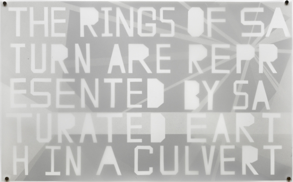 SATURN / THE RINGS OF SATURN ARE REPRESENTED BY SATURATED EARTH IN A CULVERT mark booth TEXTS silver acrylic and pencil on duralar