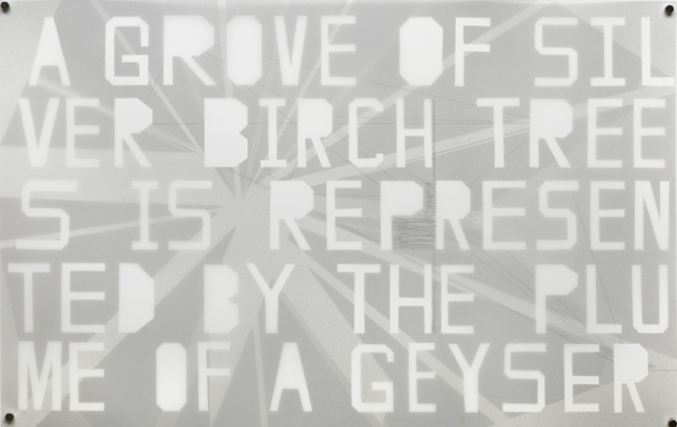 BIRCHES / A GROVE OF SILVER BIRCH TREES IS REPRESENTED BY THE PLUME OF A GEYSER mark booth TEXTS silver acrylic and pencil on duralar