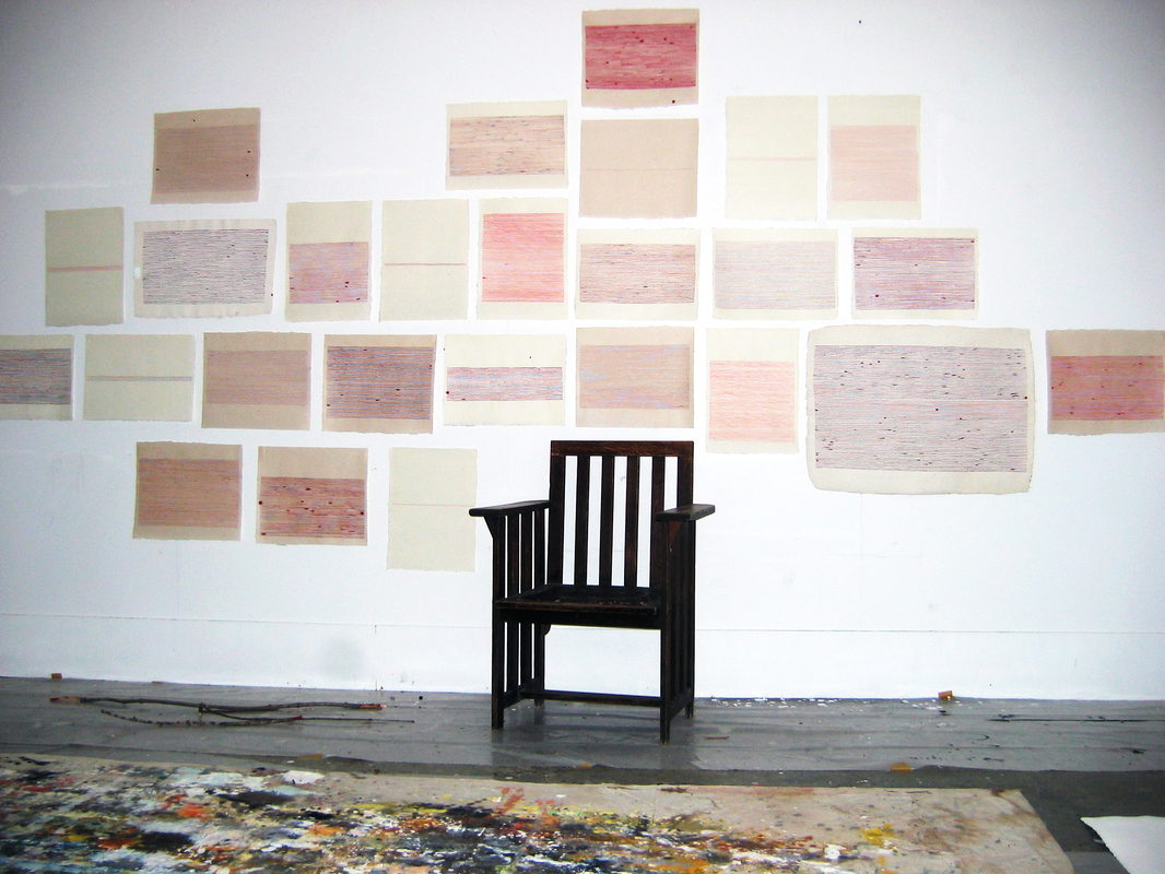 studio installation, red line drawing series D R A W I N G ink, gouache on japanese paper