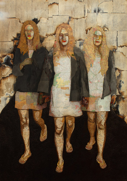 Matthew Cusick Map Works Inlaid maps, book pages, ink, Folgers coffee, on panel