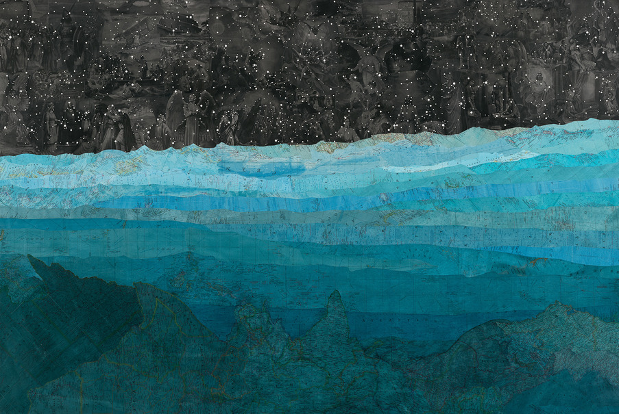 Matthew Cusick Map Works Inlaid maps, Gustave Doré engravings, ink on panel.