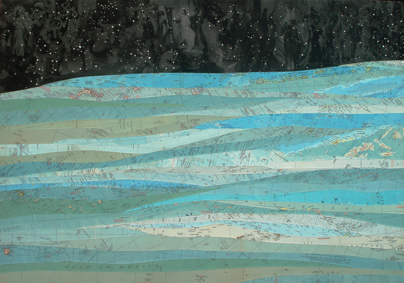 Matthew Cusick Map Works Inlaid maps, engravings, sumi ink on panel.