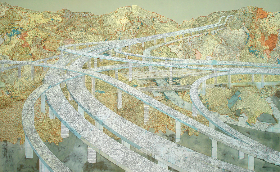 Matthew Cusick Map Works Inlaid maps, acrylic on panel.