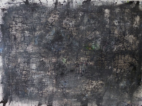 Some people still don't believe this is a happy painting Large works on canvas Acrylic, spray paint, graphite, commercial enamel on painters tarp