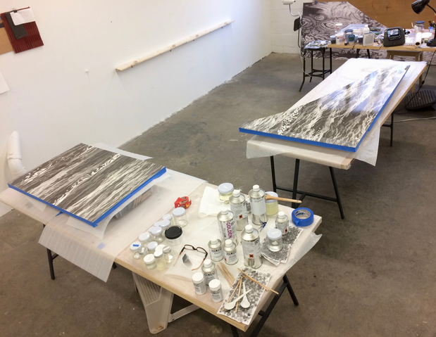 Waiting for the top coats to dry harpsichord decoration for Middlesex School