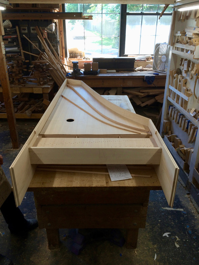 Harpsichord being built at Zuckermann's shop in Stonington, CT harpsichord decoration for Middlesex School