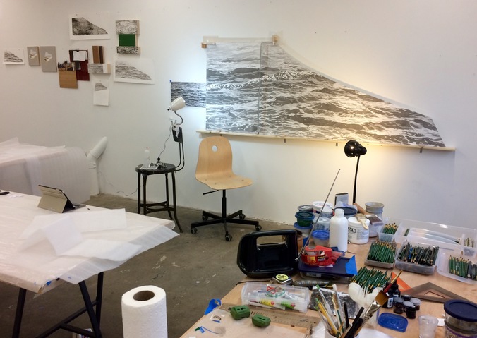 Mid-process shot, working on the wall harpsichord decoration for Middlesex School India ink, water