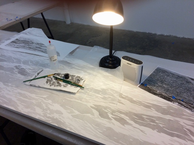 Early process shot, working flat harpsichord decoration for Middlesex School India ink, water