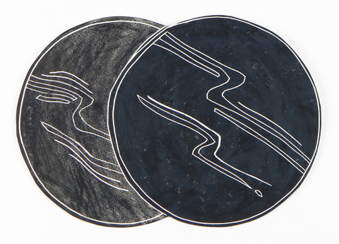 Two Round Mirrors black drawings 2014-2015 China marker on cut and incised paper