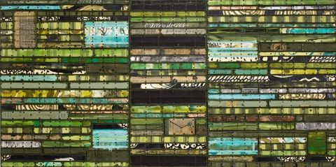 Look At America Paintings: Running Stitch Series Found and invented elements with tacks and encaustic on birch panel.