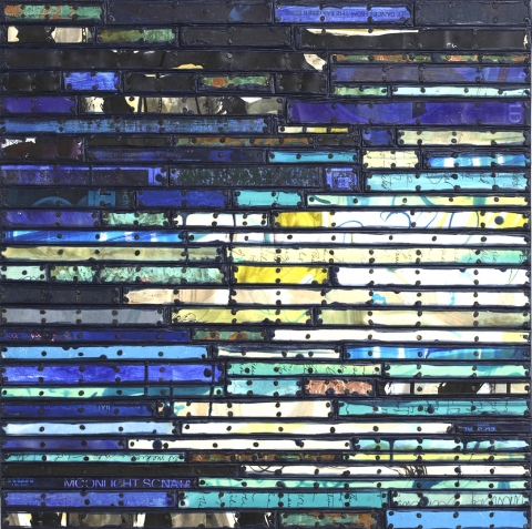 Shifting - Blue Paintings: Running Stitch Series Found and invented elements with tacks and encaustic on birch panel.