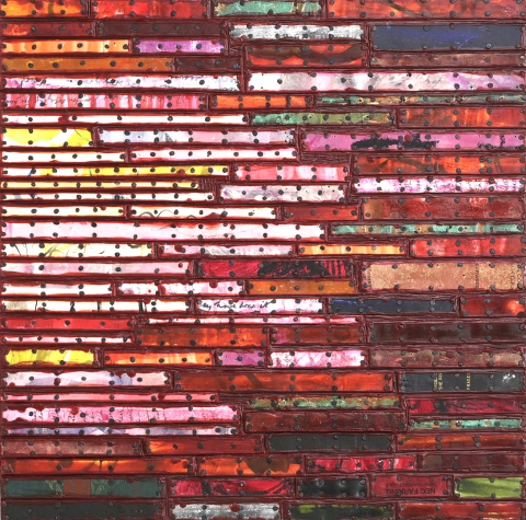 Shifting - Red Paintings: Running Stitch Series Found and invented elements with tacks and encaustic on birch panel.