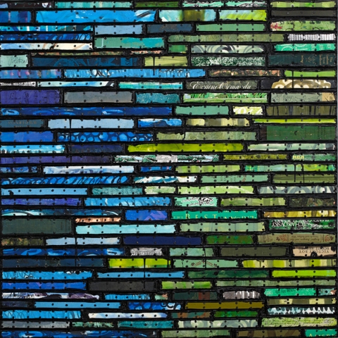 Duet Paintings: Running Stitch Series Found and invented elements with tacks and encaustic on birch panel.