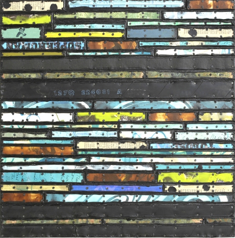 Rubbery Stripes Paintings: Running Stitch Series Found and invented elements with tacks and encaustic on birch panel.